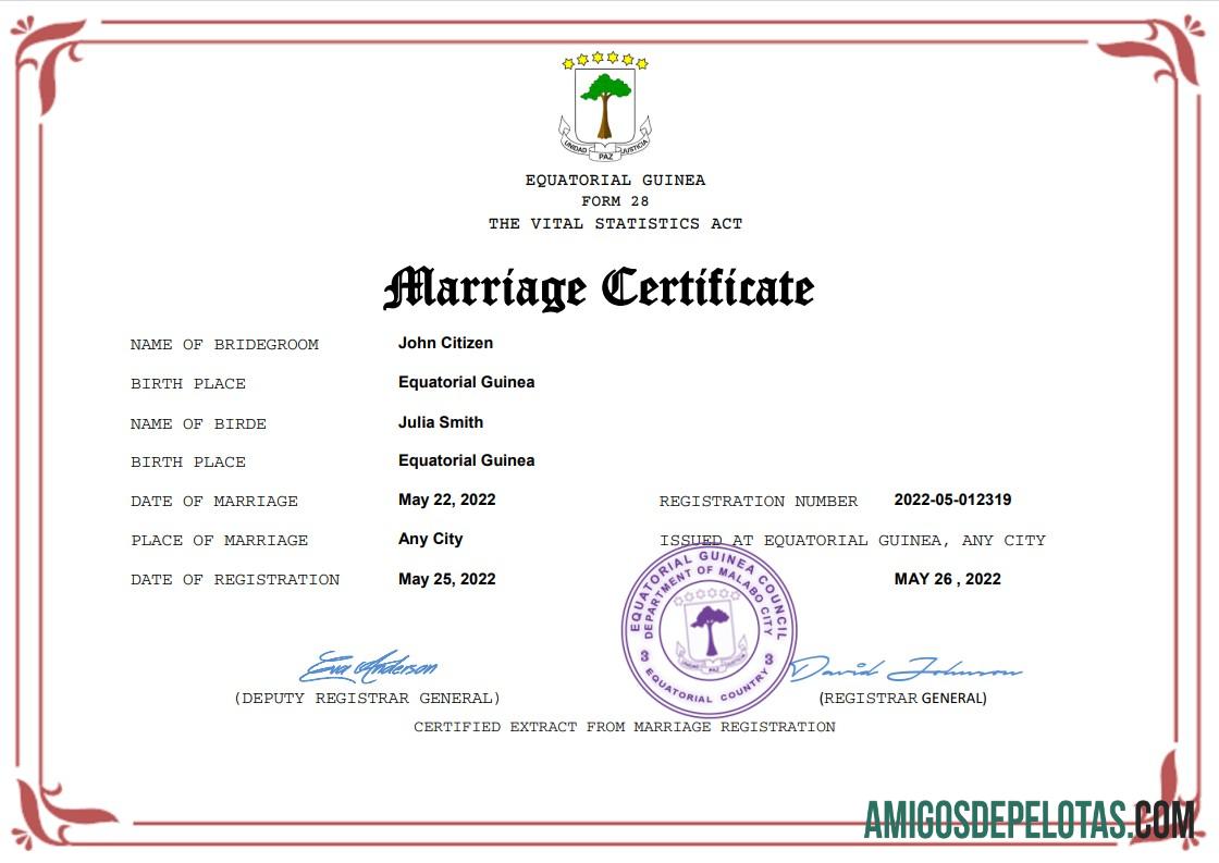Imprimível modelo Word e PDF de certidão de casamento da Guiné Equatorial